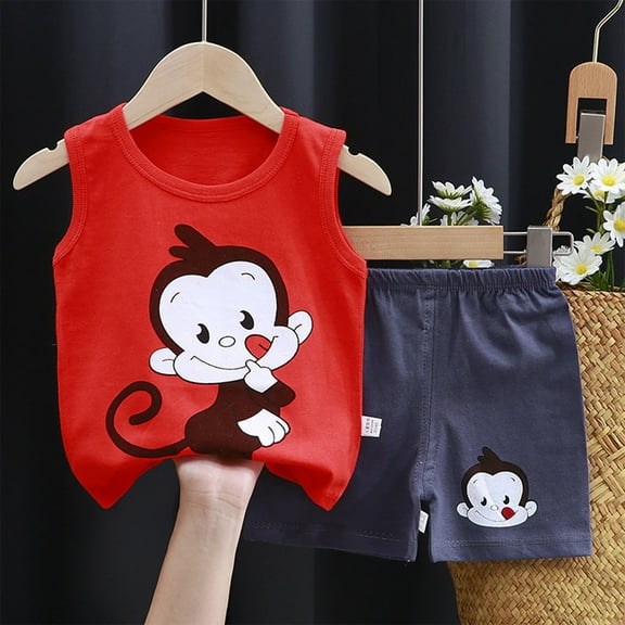 Pitauce Toddler Baby Boys Sleeveless Cute Graphic Summer Clothes Tank Tops with Shorts 2 Piece Set Soft Cotton Casual Outfits 0-6 Years