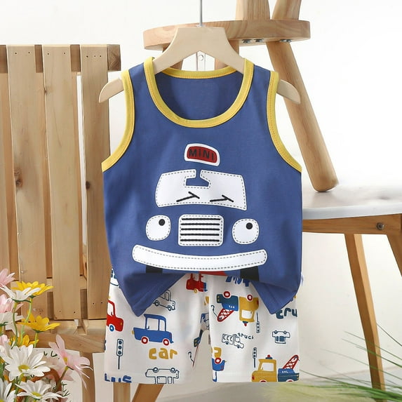 Pitauce Toddler Baby Boys Sleeveless Cute Graphic Summer Clothes Tank Tops with Shorts 2 Piece Set Soft Cotton Casual Outfits 0-6 Years