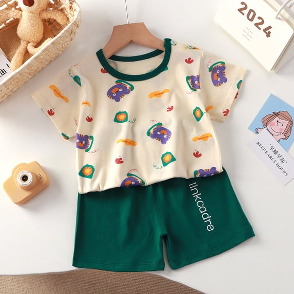 Pitauce Toddler Clothes Cartoon Fashion Cute Print Pattern Short Sleeve Clothes Two-piece Casual Top+Shorts Suits Seaside Outfits