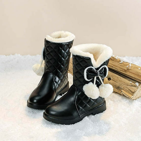 Pitauce Toddler Girls Leather Boots Thick Warm Plush Fleece Lined Snow Boots Waterproof Anti-Slip Winter Boots with Bowknot