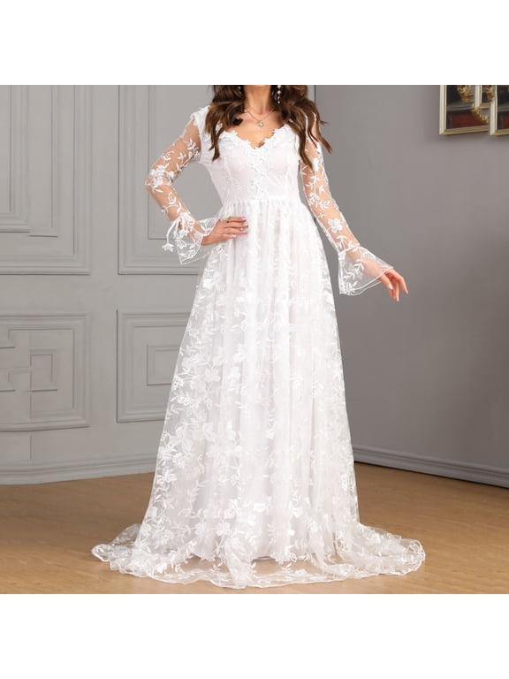 Wedding Dresses for Bride, Long Lace Appliques Long Maxi Bridal Gowns, Women's Long Sleeve Beach Bride Dress, V Neck Backless Wedding Dresses