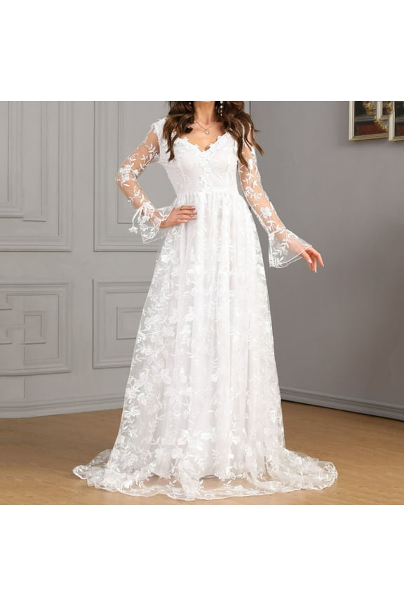 Wedding Dresses for Bride, Long Lace Appliques Long Maxi Bridal Gowns, Women's Long Sleeve Beach Bride Dress, V Neck Backless Wedding Dresses