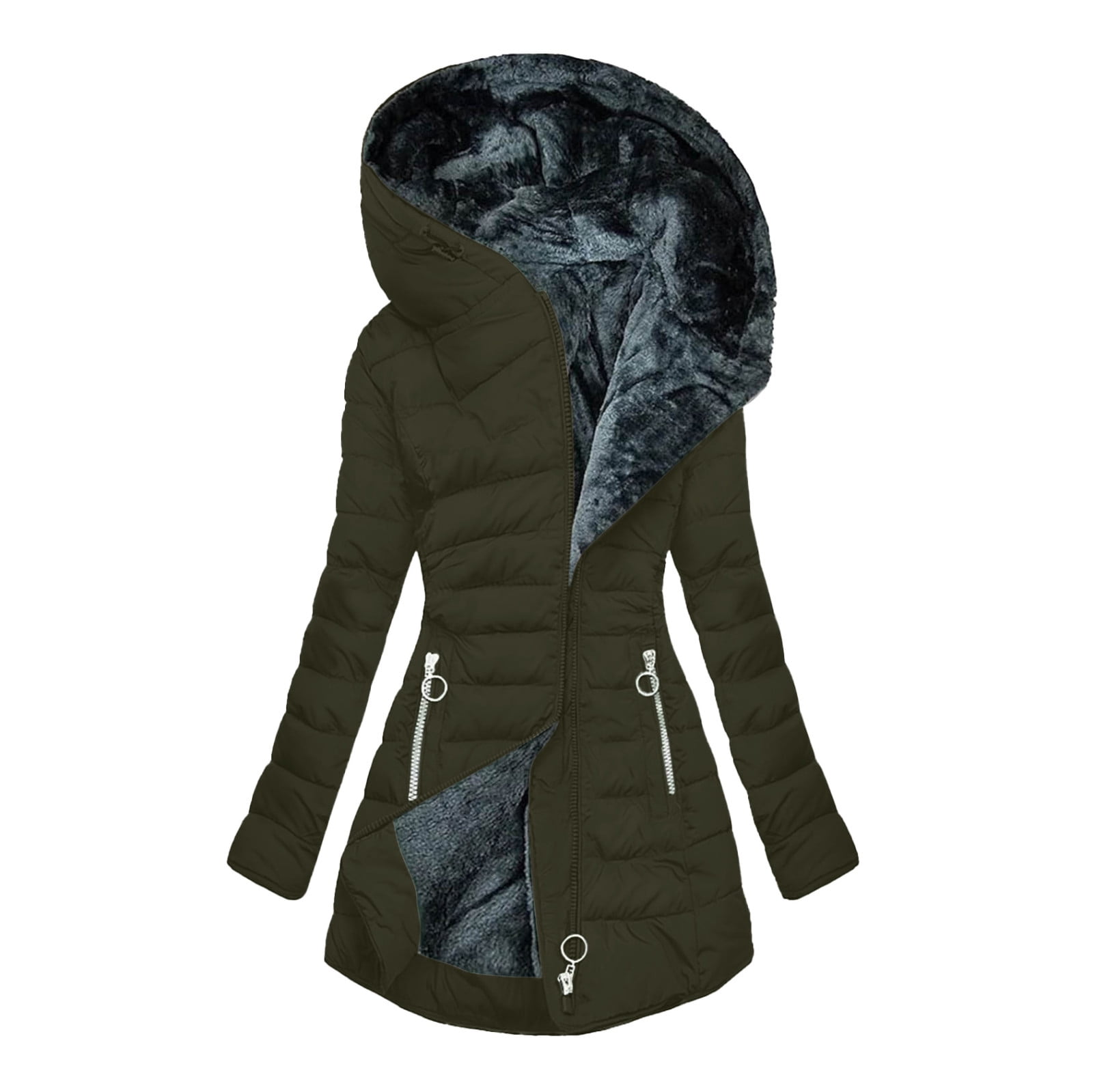 Women s Winter Quilted Puffer Coat with Removable Faux Fur Hood Fleece Lined Zipper Walmart
