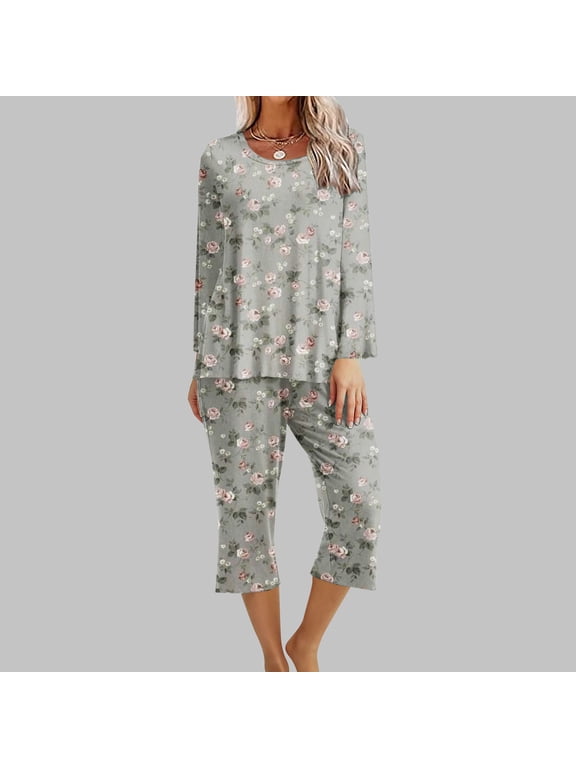 Women Floral Pajama Set Soft Comfy Long Sleeve Shirt and Capri Pants Sleepwear Lounge Sets 2 Piece Loungewear