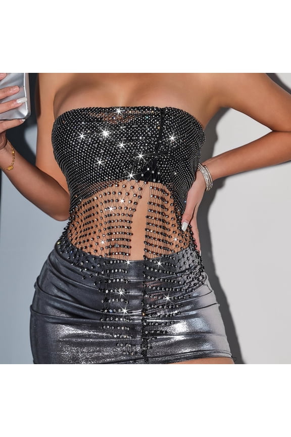Women Sparkly Rhinestone Stretchy Fishnet Bandeau Crop Top Hollow Glitter Tube Tops
