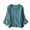thumbnail image 1 of Pitauce Women's 3/4 Sleeve Cotton Tops Crew Neck Vintage Embroider Casual Oversized Blouses Side Slit Summer Boho Breathable Shirts, 1 of 2