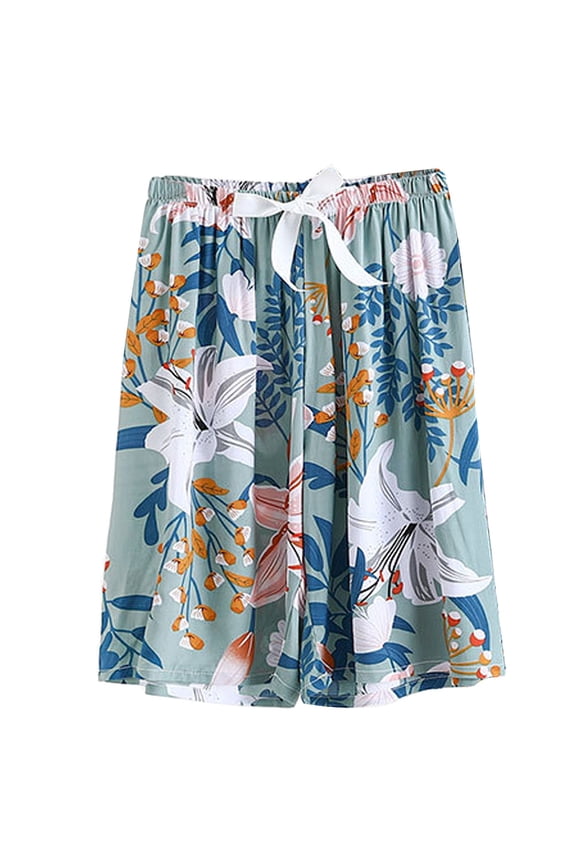 Women's Cotton Pajama Shorts Casual Wide Leg Lounge Shorts Elastic Waist Floral Printed Pajama Bottoms
