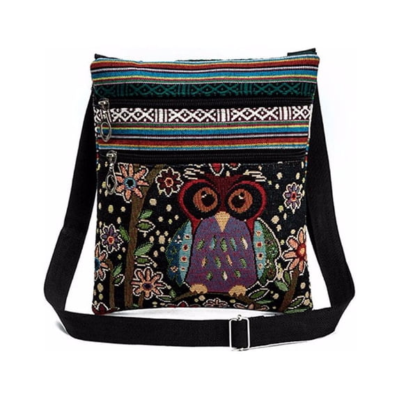 Pitauce Women’s Embroidered Owl Linen Shoulder & Crossbody Messenger with Double Zipper Tote Bag