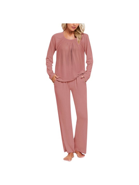 Women's Lounge Set, 2 Piece Crewneck Long Sleeve Tops Wide Leg Long Pants Outfits Casual Pleated Front Matching Pajama Sets with Pockets