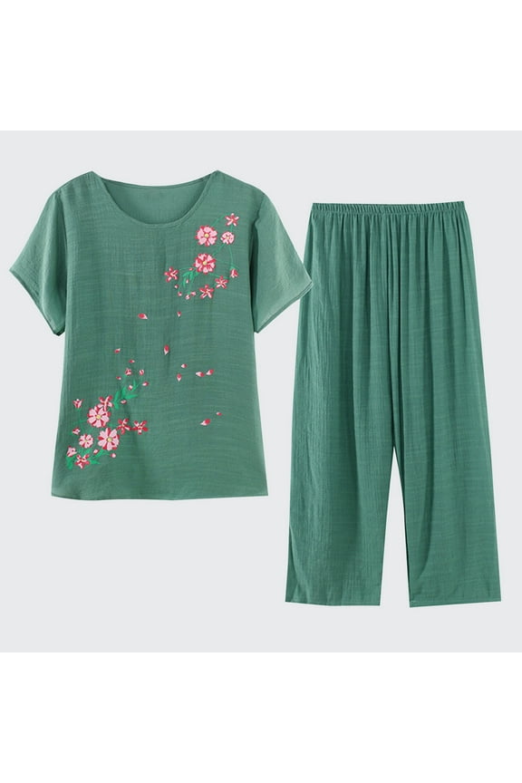 Women's Loungewear Set Short Sleeve Crew Neck Top Capri Pants Flower Print Homewear Casual Loose Plus Size Pajamas Set