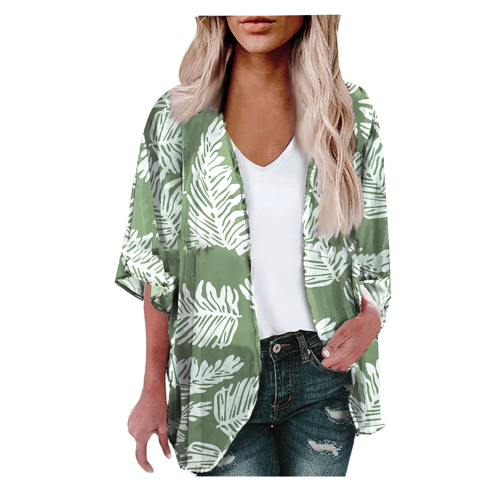 Ulu Breadfruit Hawaiian Print Mid Length Kimono Chiffon Coverup with Side Slits - Lavender