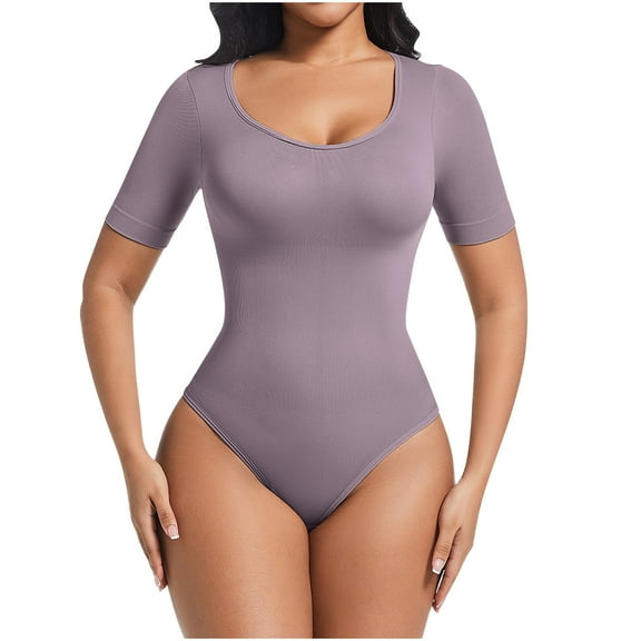 Pitauce Women's Short Sleeve Shapewear Bodysuits Seamless Tummy Control Slimming Thong Bodysuit Going Out Tops Body Shaper