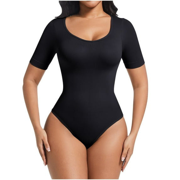 Pitauce Women's Short Sleeve Shapewear Bodysuits Seamless Tummy Control Slimming Thong Bodysuit Going Out Tops Body Shaper