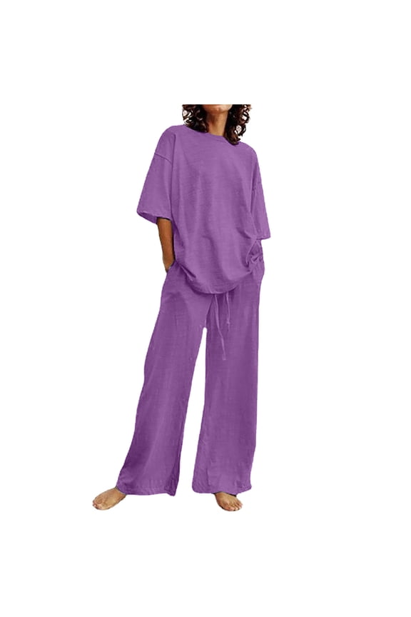 Womens 2 Piece Lounge Set Short Sleeve Tops and Wide Leg Pants Oversized Outfits Plus Size Tracksuit with Pockets