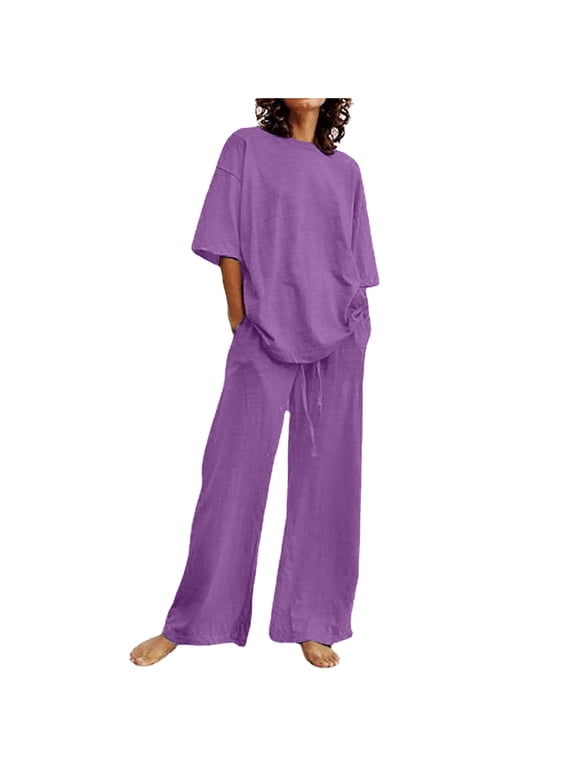 Womens 2 Piece Lounge Set Short Sleeve Tops and Wide Leg Pants Oversized Outfits Plus Size Tracksuit with Pockets