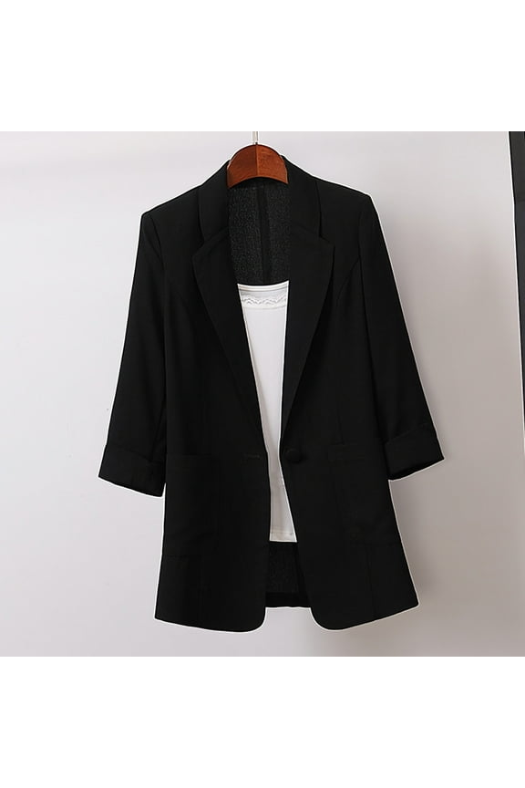 Womens 3/4 Sleeve Lightweight Spring Summer Blazer Jackets Business Casual Jackets Loose Casual One Button Work Suit with Pockets