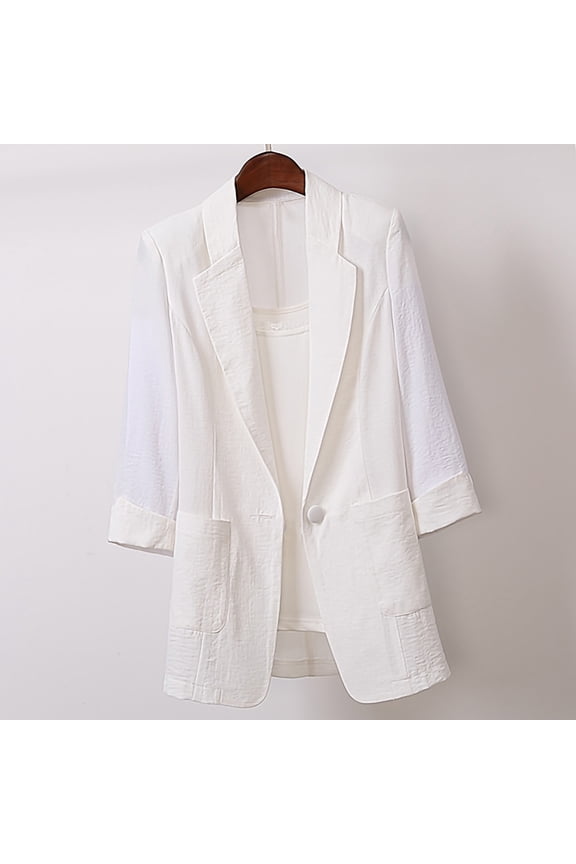 Womens 3/4 Sleeve Lightweight Spring Summer Blazer Jackets Business Casual Jackets Loose Casual One Button Work Suit with Pockets