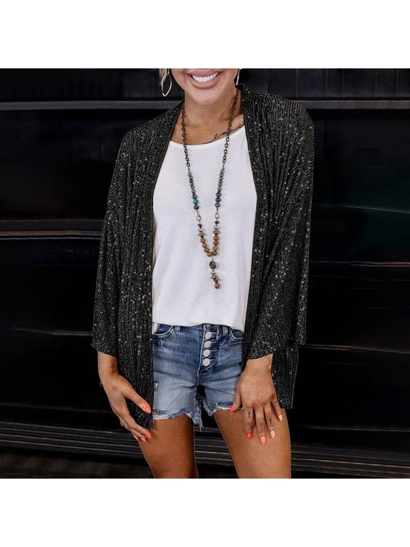 Womens 3/4 Sleeve Sequin Jacket Sparkly Open Front Lightweight Cardigan Casual Party Clubwear Cover Up, S-3XL