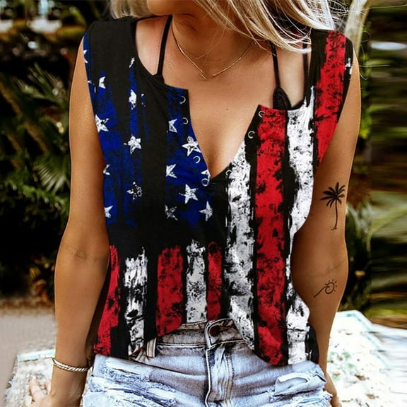 Pitauce Womens 4th of July Patriotic Tank Tops American Flag Button V-Neck Sleeveless T-Shirt Summer Casual Tanks
