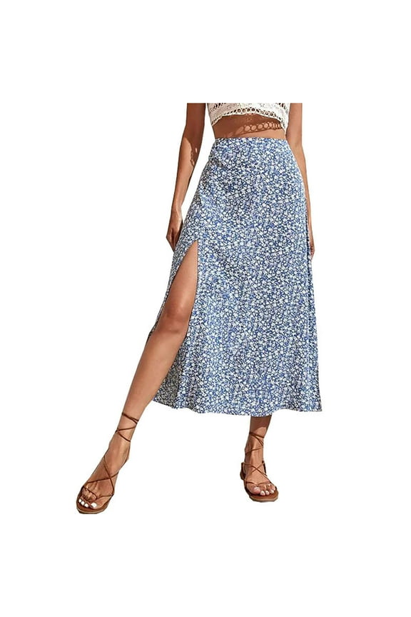 Womens Boho Floral Print Long Skirt High Waisted Side Slit A-Line Skirt Beach Flowy Midi Wrap Skirts