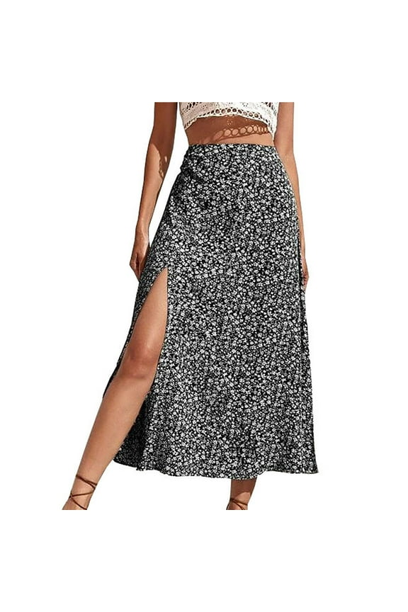 Womens Boho Floral Print Long Skirt High Waisted Side Slit A-Line Skirt Beach Flowy Midi Wrap Skirts