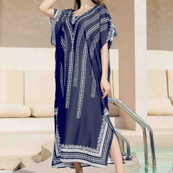 Pitauce Womens Boho Kaftan Dress Vintage Oversized Bathing Suit Cover Up Side Split Short Sleeve Long Beach Dresses Swimsuit Coverups