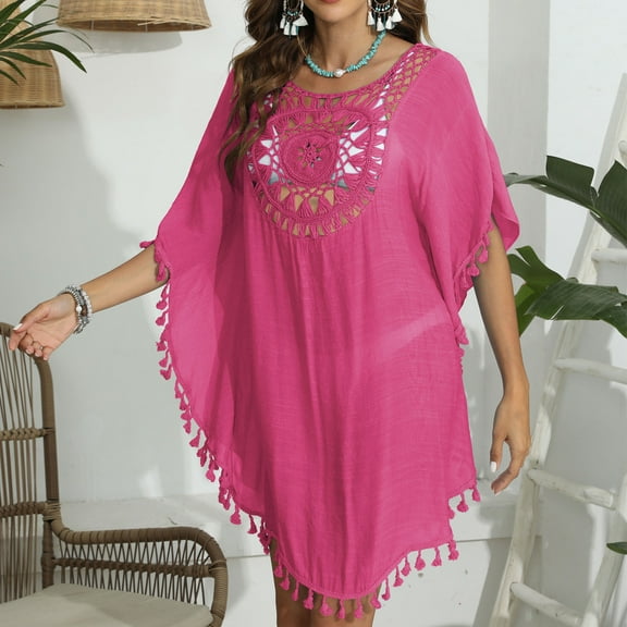 Pitauce Womens Boho Tassel Beach Dress Bathing Suit Cover Up Summer Casual Oversized Hollow Bikini Beachwear Coverups
