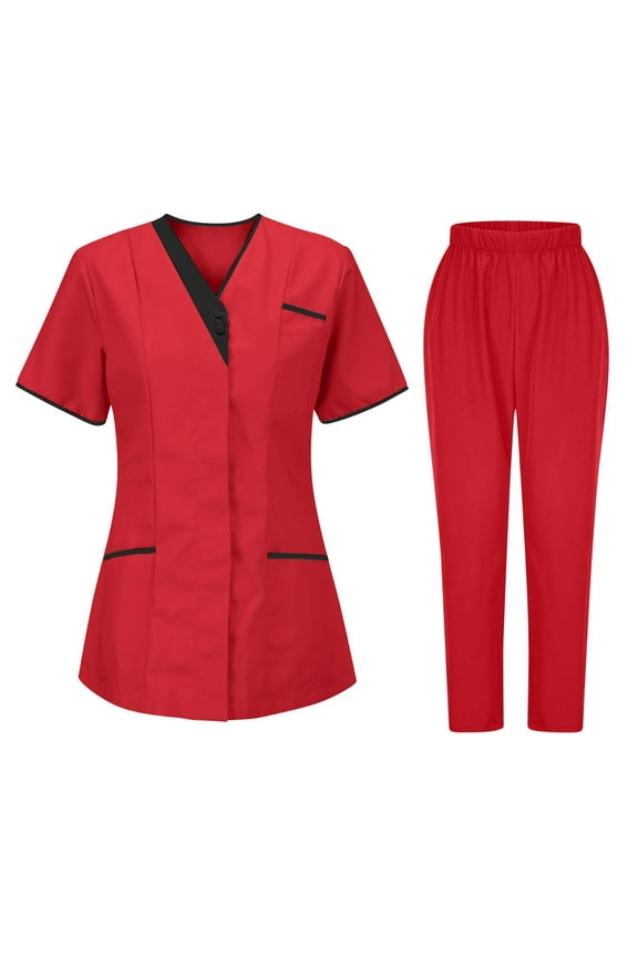 Womens Color Block Nurse Scrub Set Short Sleeve V-Neck Scrub Tops with Scrub Pants 2 Piece Working Uniform with Pockets