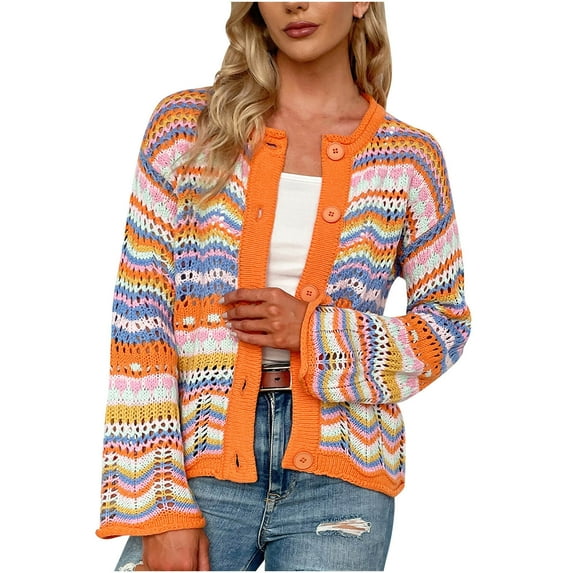 Pitauce Womens Crochet Cardigan Sweaters Multicolor Loose Knit Open Front Sweater Long Sleeve Button Down Cardigan Y2K Tops