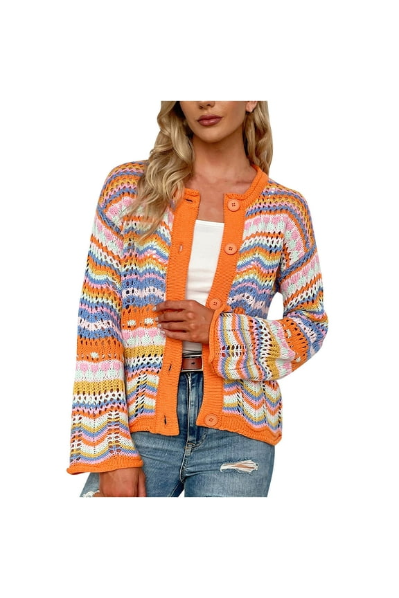 Womens Crochet Cardigan Sweaters Multicolor Loose Knit Open Front Sweater Long Sleeve Button Down Cardigan Y2K Tops