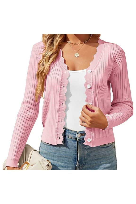 Womens Cropped Long Sleeve Cardigan Sweater Ruffle Trim Lightweight Crochet Knit Cardigan Open Front Button Down Blouses