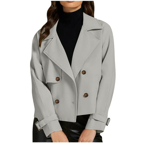 Pitauce Womens Long Sleeve Cropped Trench Coat Double-Breasted Lapel Collar V-Neck Short Suit Jacket Casual Fall Outwear with Pockets