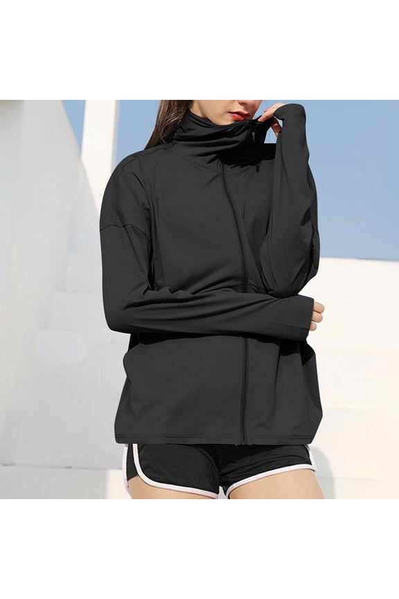 Womens Long Sleeve Loose Rash Guard Zip Up Lightweight UPF 50+ Hoodie Summer UV Protection Athletic Jacket with Thumb Holes