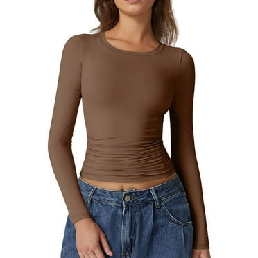 Pitauce Womens Long Sleeve T-Shirts Solid Color Crew Neck Pullover Tops Slim Fit Bottoming Undershirt Stretchy Going Out Crop Tops
