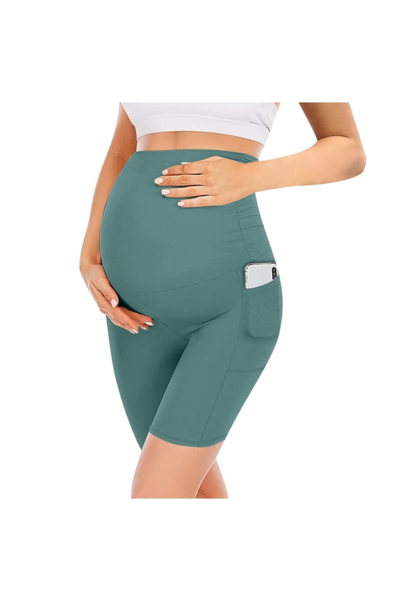 Womens Maternity Over Belly Seamless Yoga Shorts Pregancy Biker Shorts Workout Active Running Short Pants with Pockets