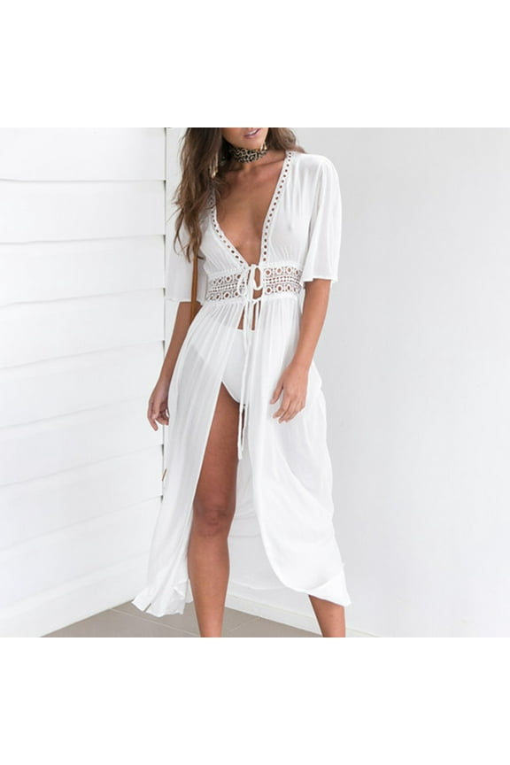 Womens Open Front Beach Cover Up Hollow Lace Kimono Cardigan Bathing Suit Long Coverups Tie Front Flowy Bikini Coverups