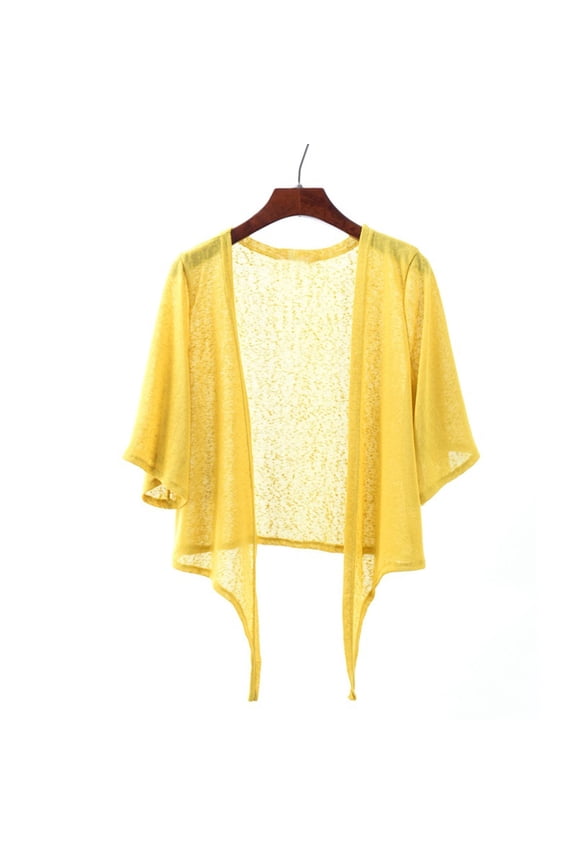 Womens Open Front Sheer Shrug Cardigan Summer Casual 3/4 Sleeve Cropped Cardigan Lightweight Tie Front Cover Ups