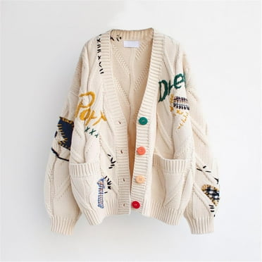 Pitauce Womens Oversized Cardigan Sweater Button Down Long Sleeve Cable Knit Embroidery Sweaters Outwear with Pockets, Free Size