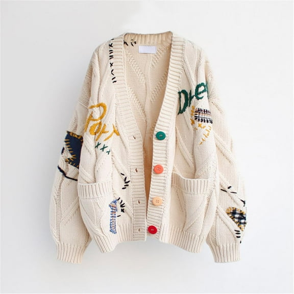 Pitauce Womens Oversized Cardigan Sweater Button Down Long Sleeve Cable Knit Embroidery Sweaters Outwear with Pockets, Free Size
