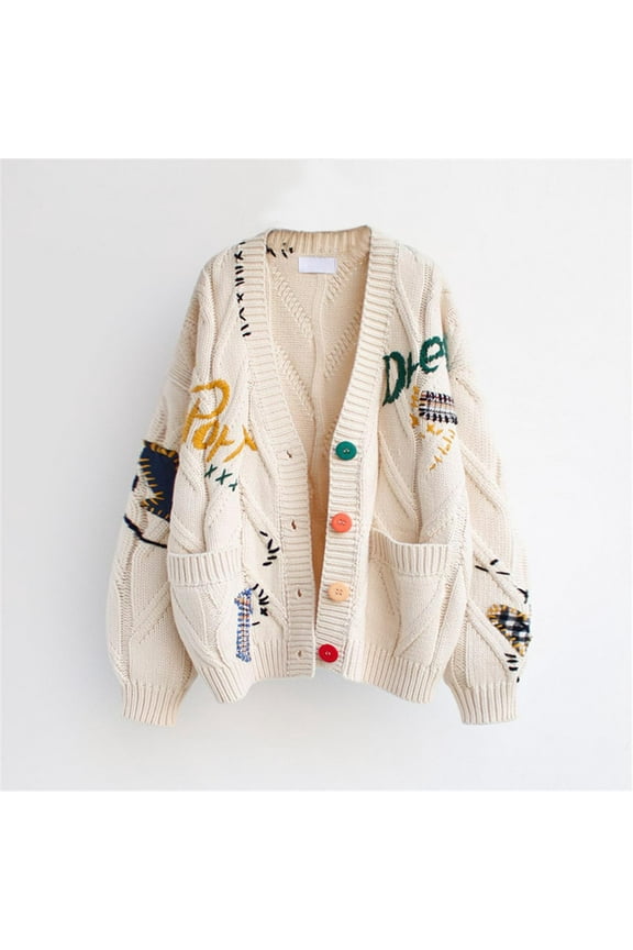Womens Oversized Cardigan Sweater Button Down Long Sleeve Cable Knit Embroidery Sweaters Outwear with Pockets, Free Size