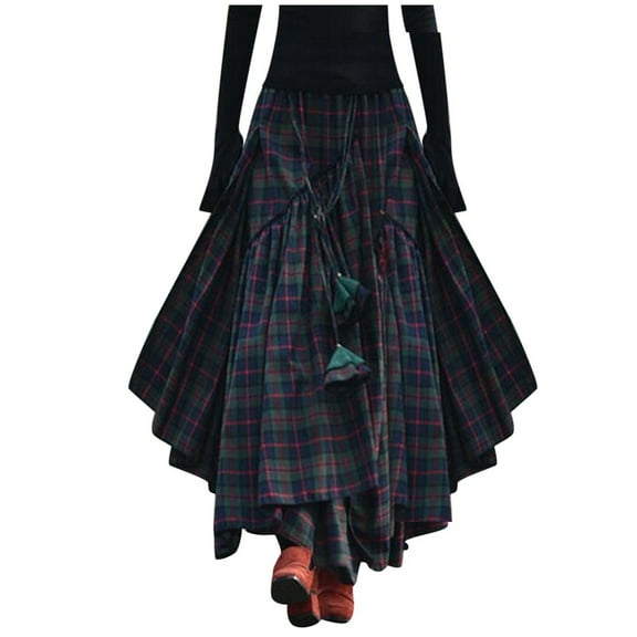 Pitauce Womens Plus Size Plaid Skirt Y2K Long Skirt Vintage A Line Maxi Skirt Trendy Fringe Asymmetrical Skirts S-5XL
