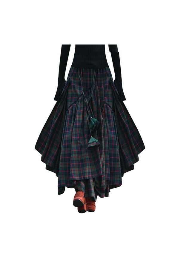 Womens Plus Size Plaid Skirt Y2K Long Skirt Vintage A Line Maxi Skirt Trendy Fringe Asymmetrical Skirts S-5XL