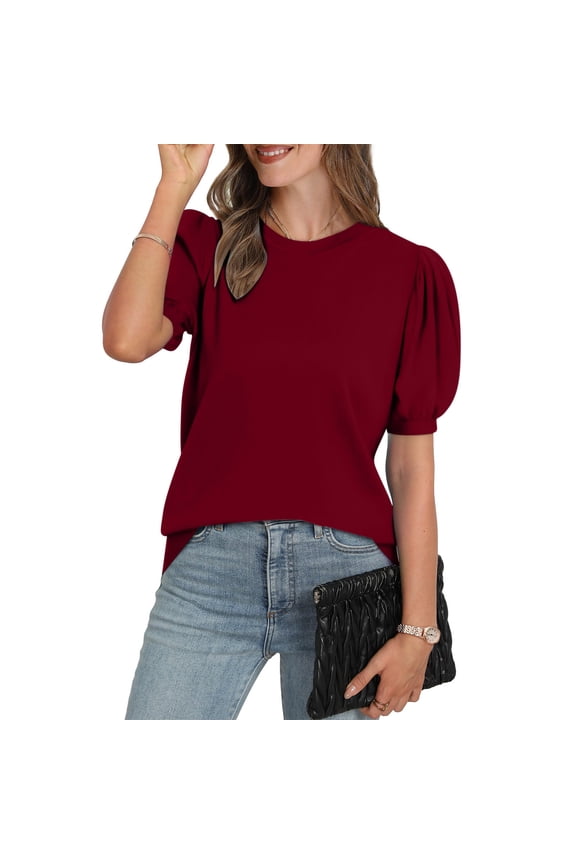 Womens Puff Sleeve Crew Neck T-Shirts Casual Loose Fit Pollover Tops Solid Color Basic Tee Shirts 2025 Women Summer Tops