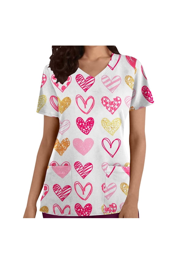Womens Scrub Tops Short Sleeve V-Neck Heart Print Working Uniform Valentines Day Scrub Shirts with Pockets
