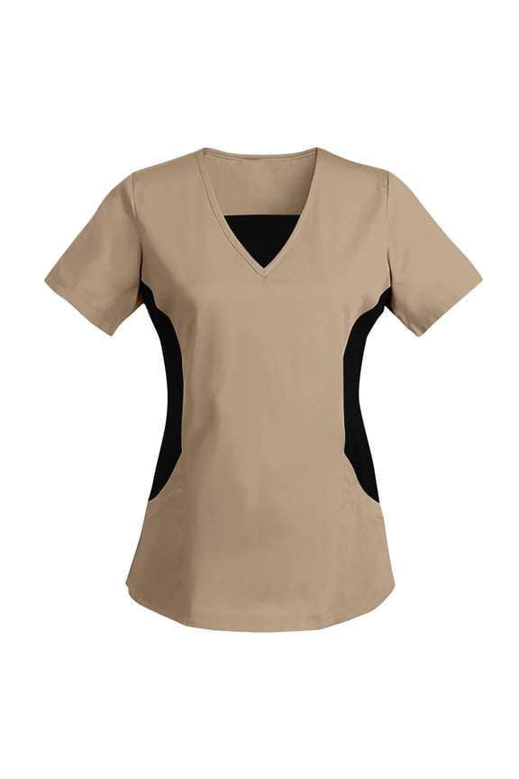 Womens Scrub Tops, Short Sleeve V-Neck Workwear Color Block Tunic Blouses Stretchy Medical Nurse Uniform
