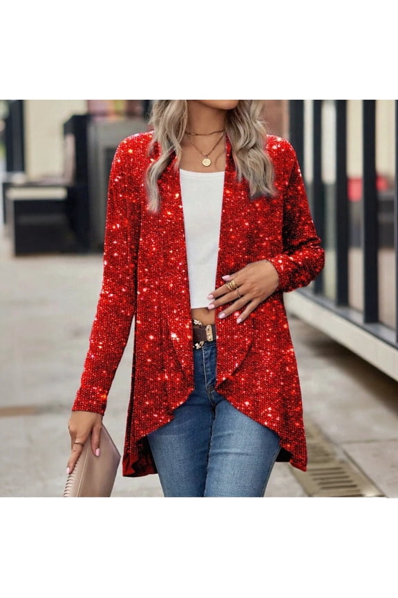Womens Sequin Jacket Long Sleeve Open Front Glitter Cardigan Sparkly Blazer for Casual Party Cocktail