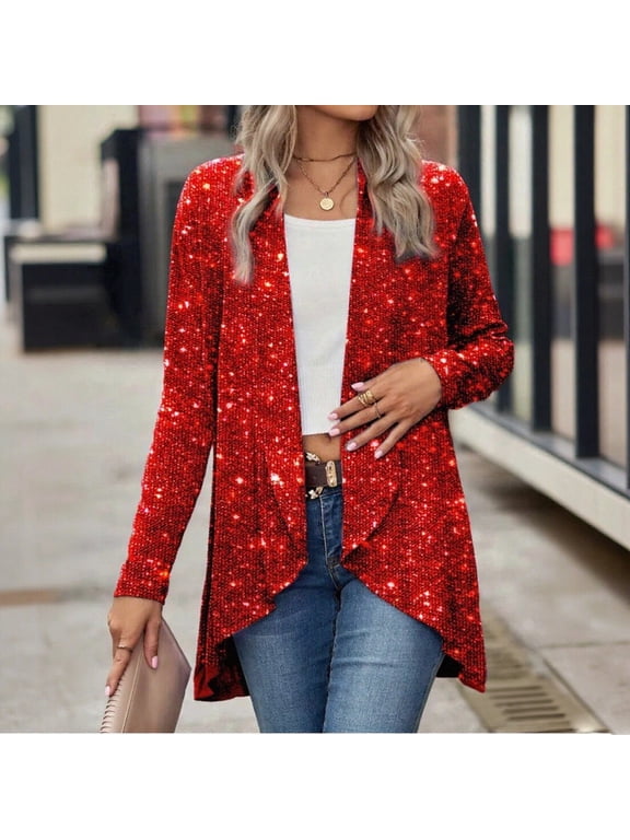 Womens Sequin Jacket Long Sleeve Open Front Glitter Cardigan Sparkly Blazer for Casual Party Cocktail
