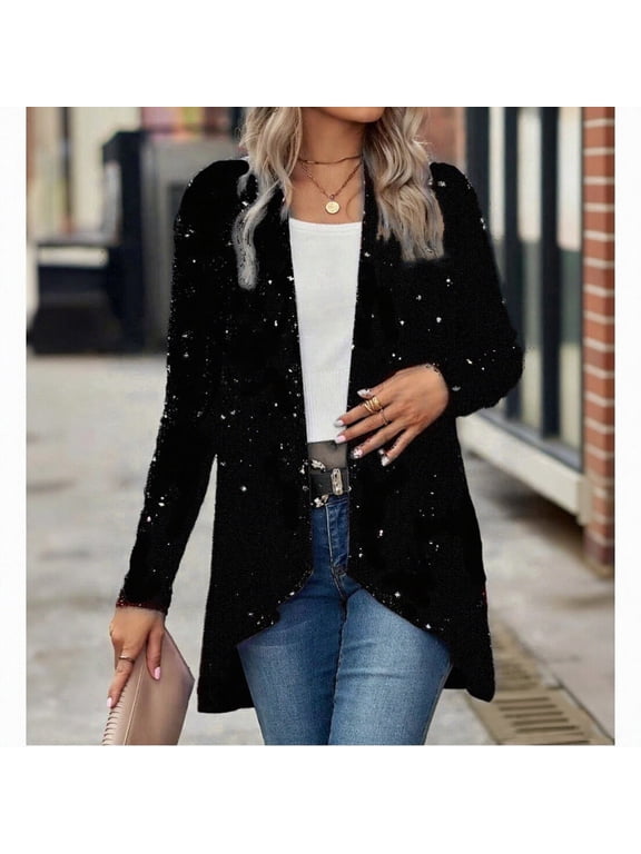 Womens Sequin Jacket Long Sleeve Open Front Glitter Cardigan Sparkly Blazer for Casual Party Cocktail