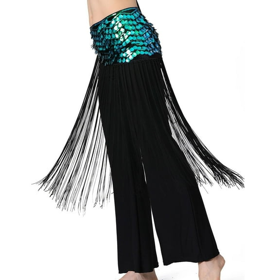 Pitauce Womens Sequin Tassel Skirt for Belly Dance Glitter Long Fringe Skirt Hip Scarf Dance Party Festival Outfits