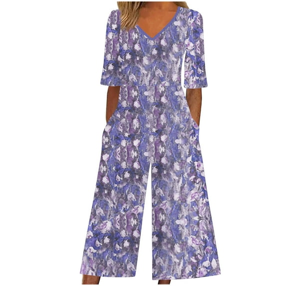 Pitauce Womens Short Sleeve Rompers Summer Dressy Casual Loose Floral Print Boho Beach One Piece Outfits Seniors Wide Leg Jumpsuits with Pockets
